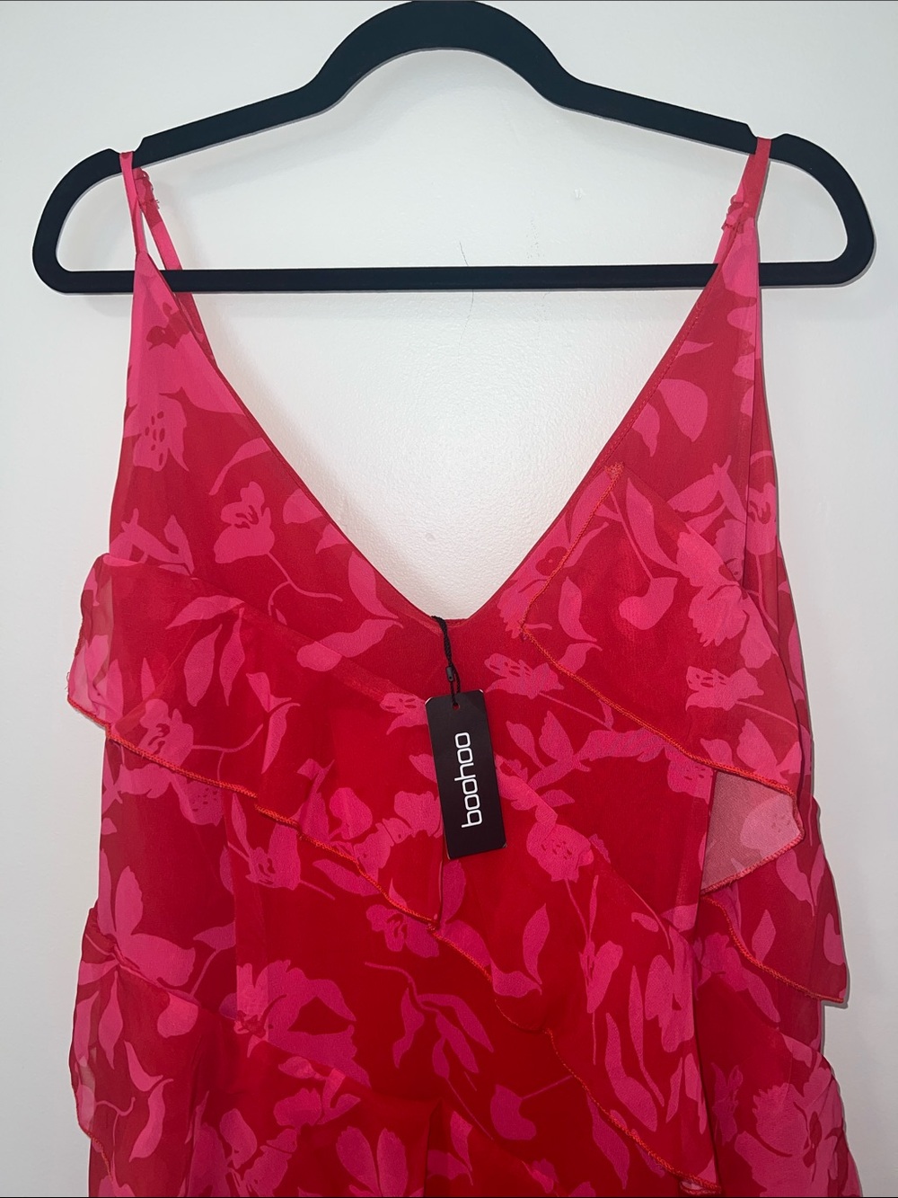 Boohoo Red & Hot Pink Floral Ruffle Maxi Dress - Picture 2 of 6
